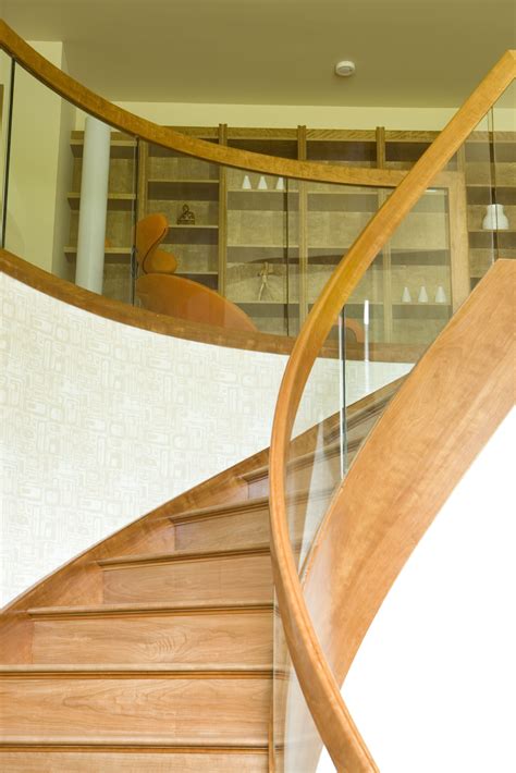 Cherry Wood Staircase With Glass Panel Inserts Wood Staircase
