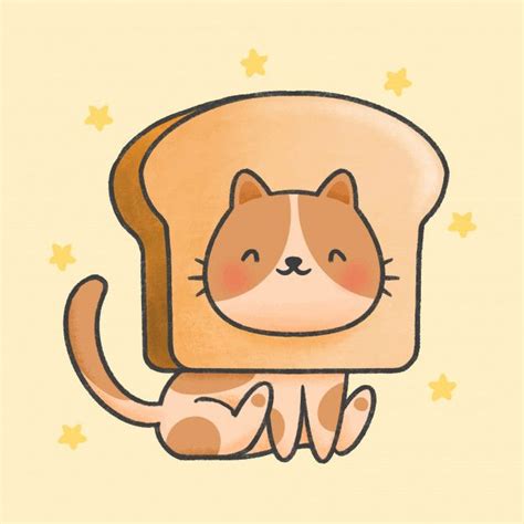 Cute Cat With Bread Hat Cartoon Hand Drawn Style Premium Vector