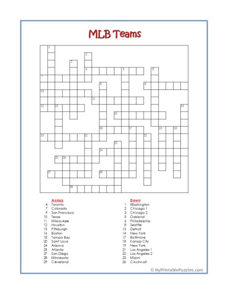 Mlb Teams Crossword Puzzle My Printable Puzzles