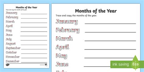 Free Months Of The Year Writing Worksheet Tracing Activity