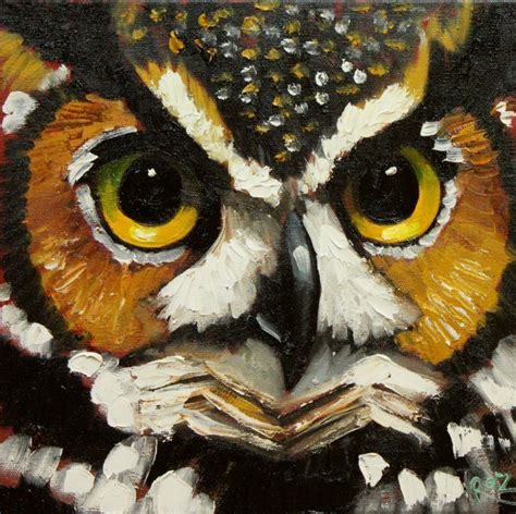 Owl 84 12x12 Original Horned Owl Oil Painting By Roz