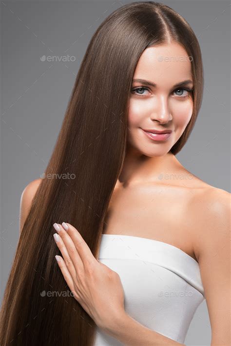 Smooth Hair Woman Long Brunette Hair Beauty Hairstyle Model Stock Photo