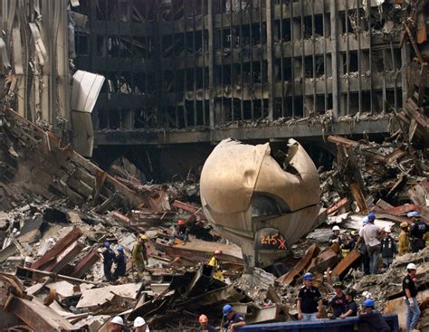 battered and scarred ‘sphere returns to 9 11 site the new york times