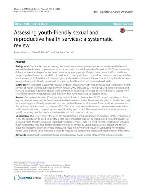 pdf assessing youth friendly sexual and reproductive health services a systematic review