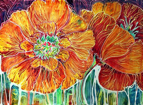 American Art Moves Poppies Batik Abstract Original 24x18 By Marcia
