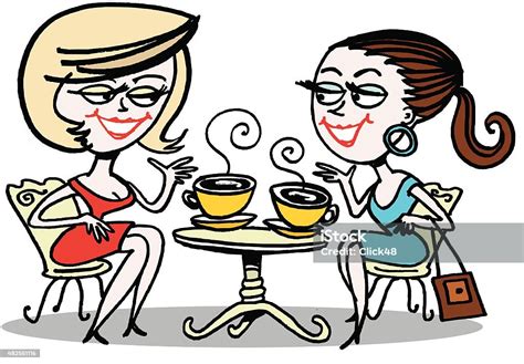 Vector Cartoon Of Two Women Chatting Over Coffee Stock Vector Art