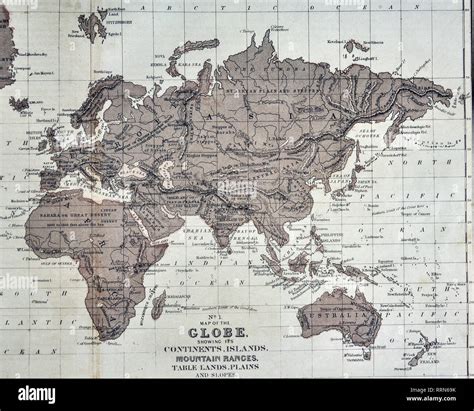 1868 Mitchell Physical World Map Showing Continents Islands Mountain
