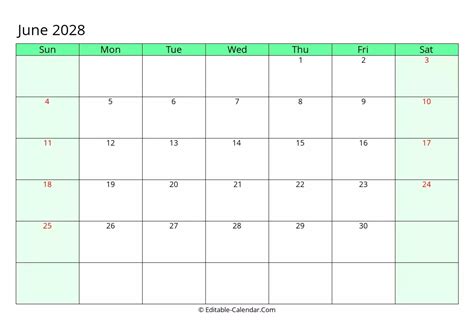Download Fillable Calendar June 2028 Weeks Start On Sunday