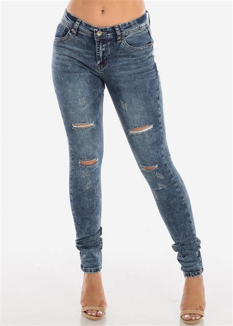 Moda Xpress Womens Skinny Jeans Mid Rise Acid Wash Ripped Denim 10671c