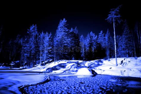 Moon La Notte Nella Foresta E Nel Lago Di Inverno Con La Sfera Di