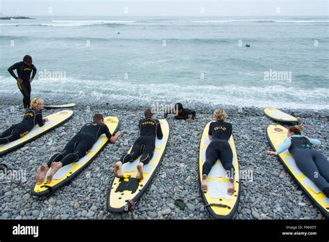 Surfing Lessons Miraflores Suburb Lima Peru Stock Photo Alamy