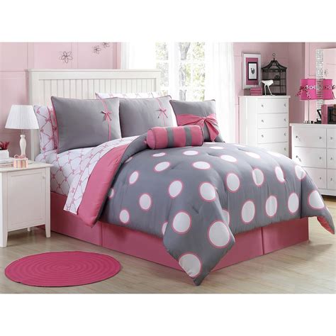 Vc Dh Teen Girl Comforter Sets Pink And Gray Polka Dot Bed In A Bag With Designer