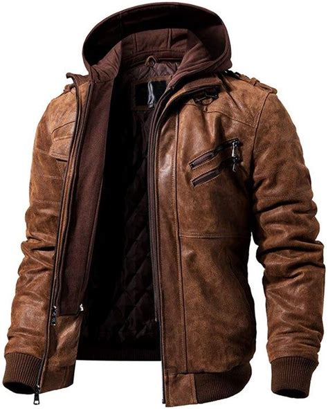 Vintage Mens Brown Leather Motorcycle Jacket With Removable Hood