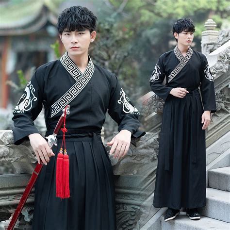 2021 Hanfu Men Black Chinese Costume Traditional Ancient Qing Dynasty Male Stage Outfits