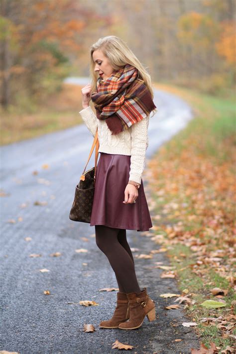 { november colors cable sweater plaid blanket scarf and leather skirt } meagan s moda skirt