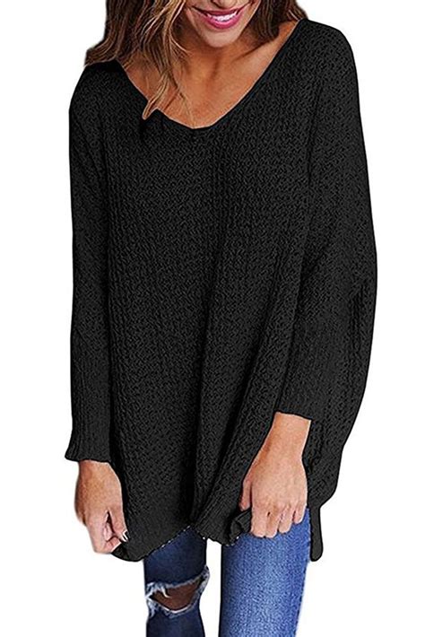 black oversized long sleeve knitted v neck sweater suéteres femeninos moda suéter suéter de