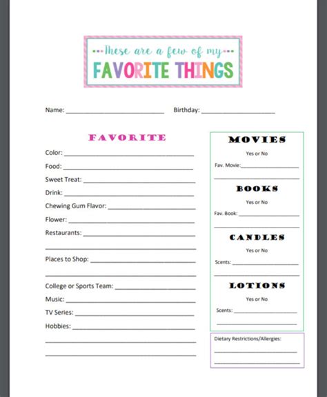 My Favorite Things Worksheet For Adults Pdf