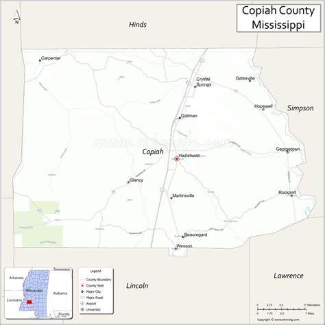 Map Of Copiah County Mississippi Showing Cities Highways And Important