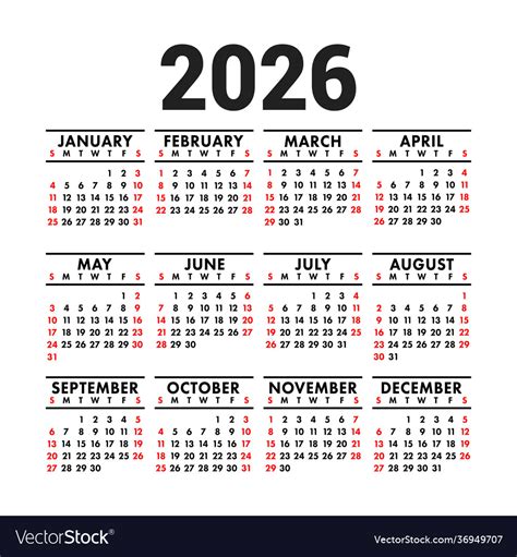 Calendar 2026 English Square Wall Or Pocket Vector Image