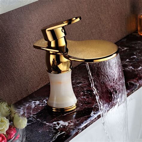 Luxury Brass Jade Gold Finished Bathroom Sink Waterfall Faucet Golden Basin Hot And Cold Water