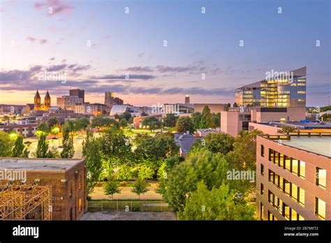 Akron Ohio Usa Downtown Skyline At Dusk Stock Photo Alamy
