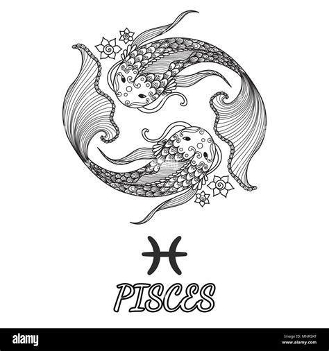 Line Art Design Of Pisces Zodiac Sign For Design Element And Adult Coloring Book Page Vector