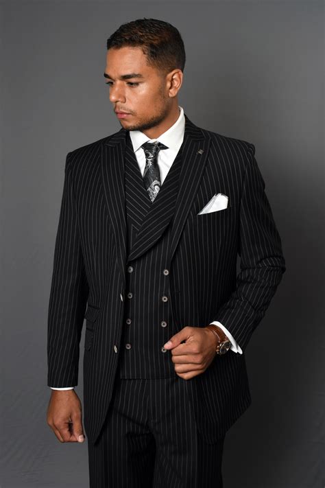 Low prices designer men's suits and tuxedos in variety of styles and sizes. ZARELLI BLACK GREY 3PC 2 BUTTON PINSTRIPE, DOUBLE BREASTED ...