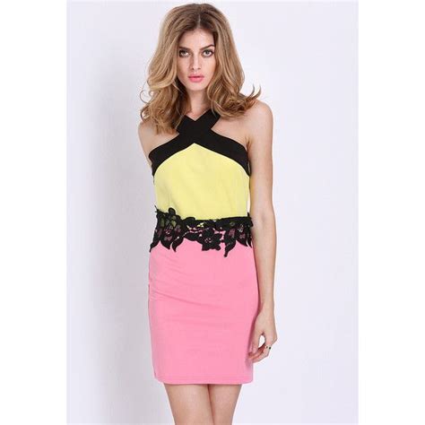 Pink And Yellow Halter Block Dress 21 Liked On Polyvore Featuring