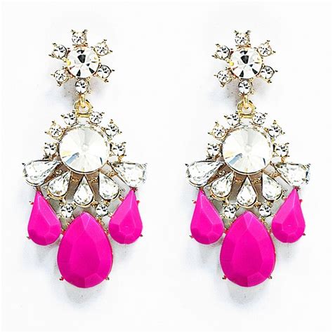 Crystal Twinkle Statement Earrings Hot Pink Chandelier Earrings By