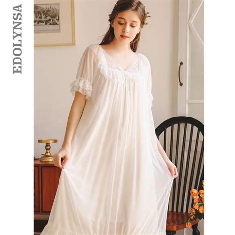 2019 Elegant V Neck Short Sleeve Cotton Lining Nightgown Women Home Wear Night Dress Summer
