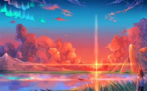 Wallpaper Fantasy Art Anime Reflection Sky Clouds Wave Computer