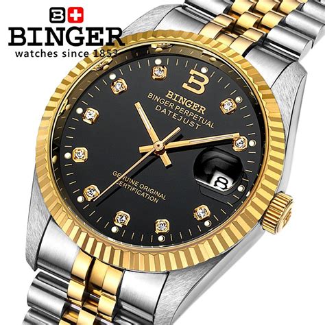 Switzerland Wristwatches Binger 18k Gold Watches Men Self Wind