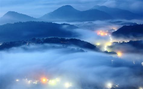 Aerial Photo Of Foggy City With Lights Hd Wallpaper Wallpaper Flare