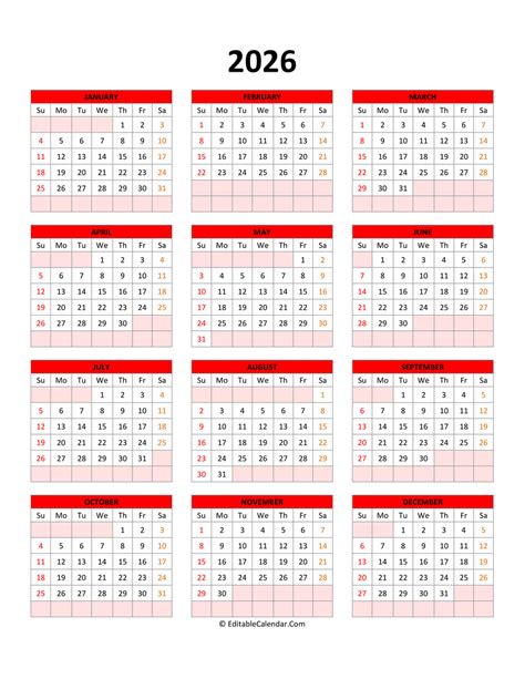 Editable Calendar Template 2026