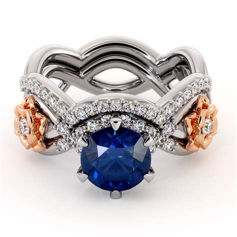 Blue Sapphire Engagement Ring Set 14k White And Rose Gold Ring Unique