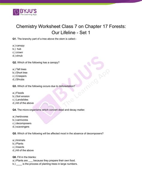 Class 7 Chemistry Worksheet On Chapter 17 Forests Our Lifeline Set 1