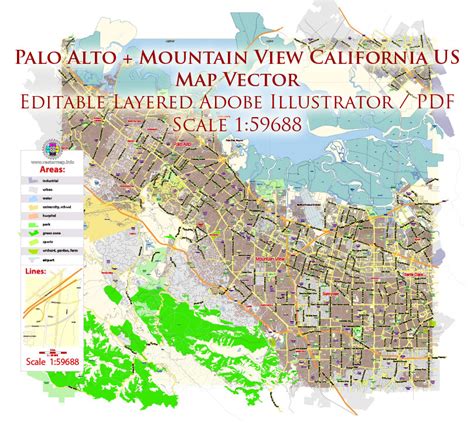 Palo Alto Mountain View California Us Map Vector Exact City Plan Low