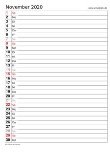 Jahreskalender für das kalenderjahr 2021 für deutschland, mit bundesweiten und regionalen (länderspezifischen) gesetzlichen feiertagen. Monatskalender November 2020 - Monats-Terminkalender ...