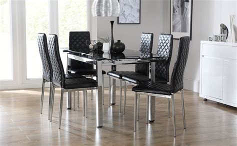 Space Chrome And Black Glass Extending Dining Table With 6 Renzo Black