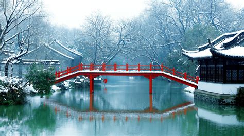 วอลเปเปอร์ ฤดูหนาว หิมะ Suzhou Gardens สวน จีน ทะเลสาบ Chinese