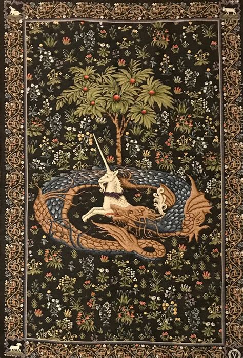 Medieval Tapestry Wall Hanging Unicorn In Captivity Captured Surrounded