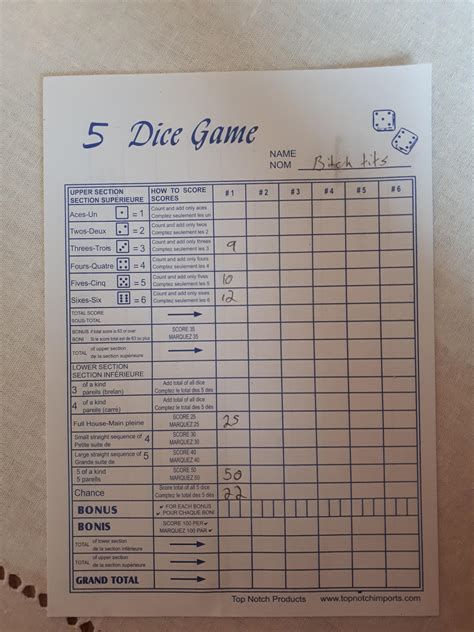 5 Dice Game Score Sheet Refills Crappyoffbrands