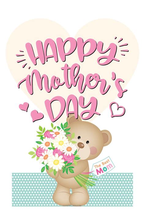 A Happy Mothers Day Card With A Teddy Bear Holding Flowers