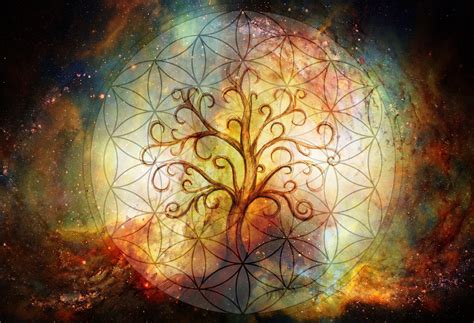 Tree Of Life Symbol And Flower Of Life And Space Background Yggdrasil