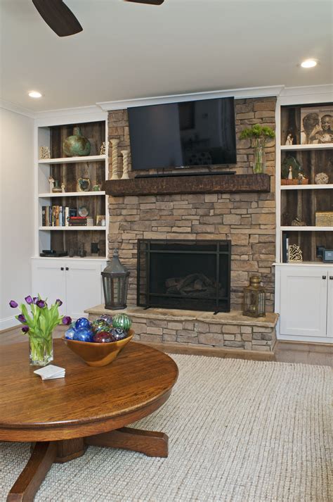 71 Stone Fireplace With Bookshelves On Each Side