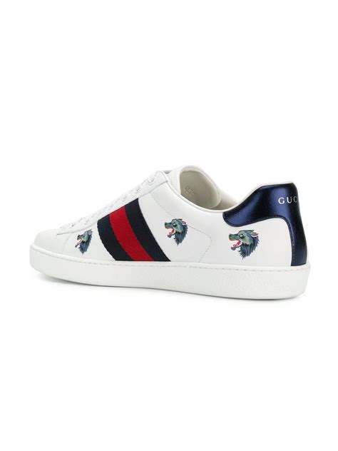 Gucci Leather Ace Wolf Embroidered Sneakers In White Lyst