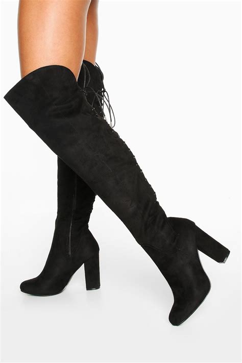 Lace Back Block Heel Over The Knee High Boots Boohoo Over The Knee Boots Knee Boots Boots