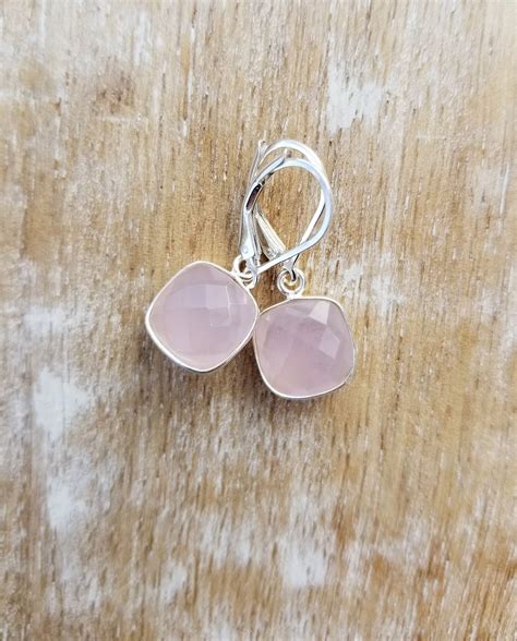 Rose Quartz Earrings Square Stone Earrings Pink Stone Etsy Square