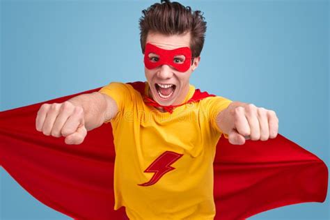 Brave Superhero Flying In Studio Stock Image Image Of Fearless Color
