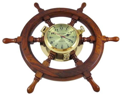 Zeckos Oak Ships Wheel Clock Brass Porthole Nautical 24 Inch Wide